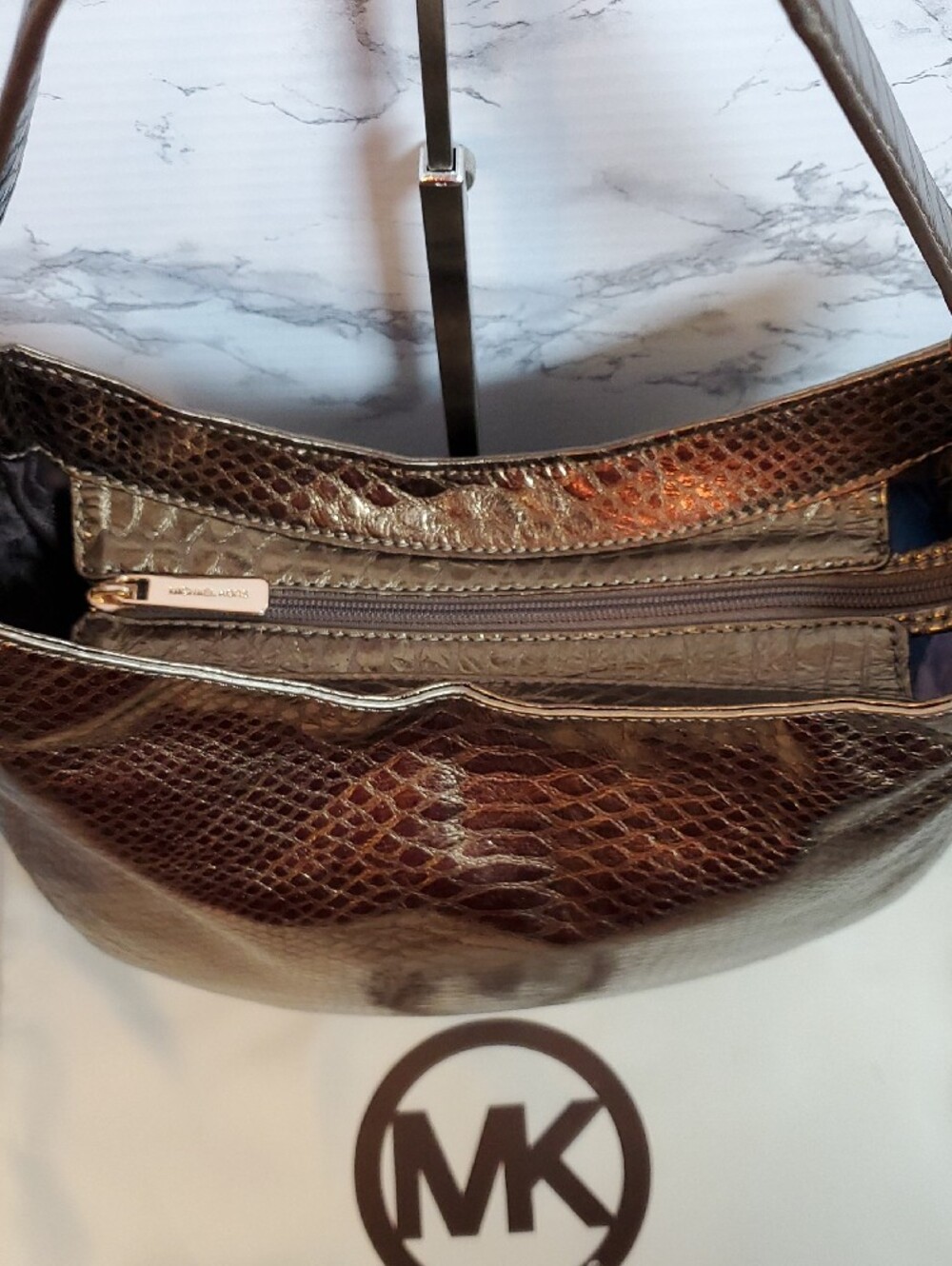 Michael Kors Cocoa Fulton Chain Hobo Snake-Embossed Shoulder Bag NWT - Picture 4 of 16